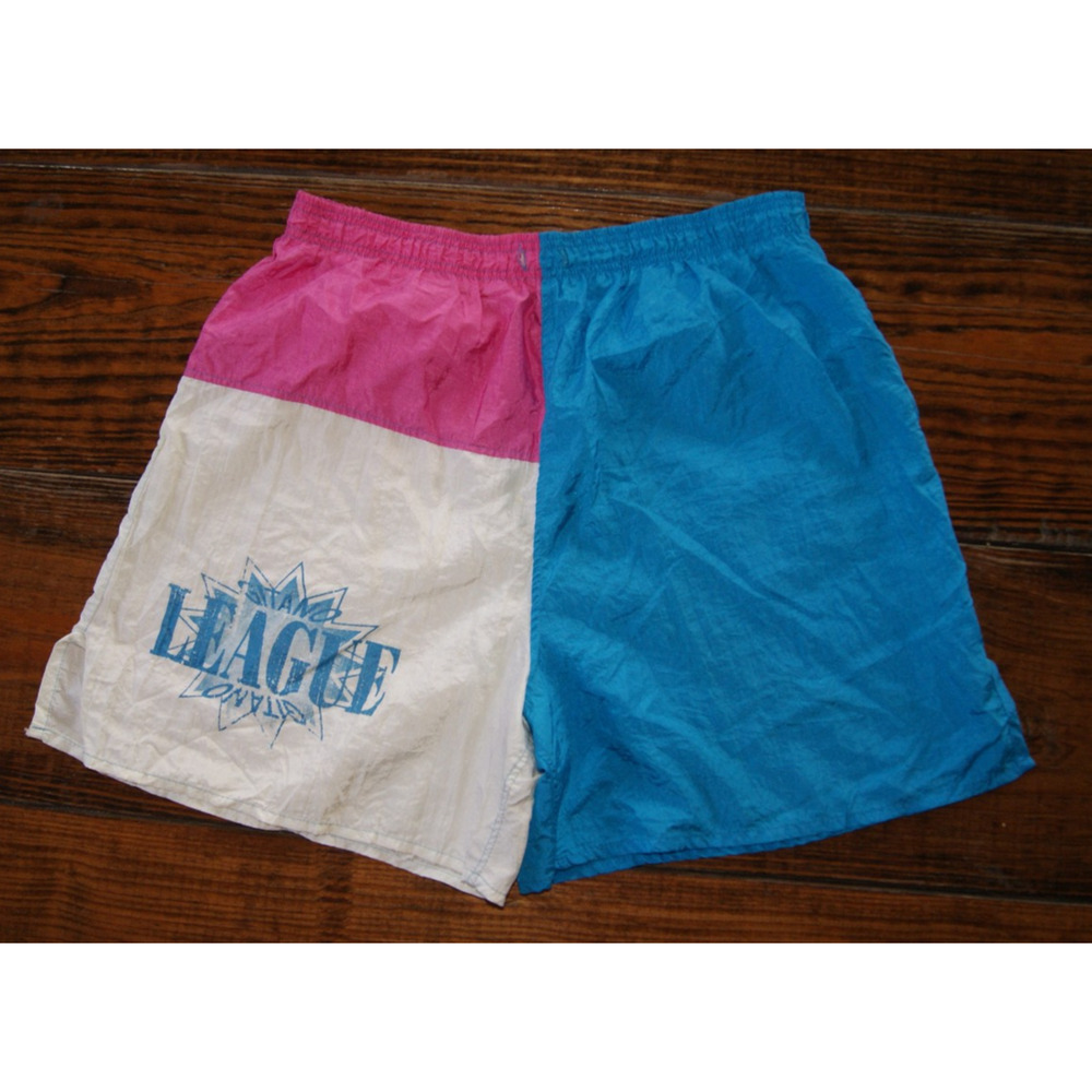 Vintage 80s Gitano League Unisex Mens L Shorts Nylon Color Block Blue Pink White